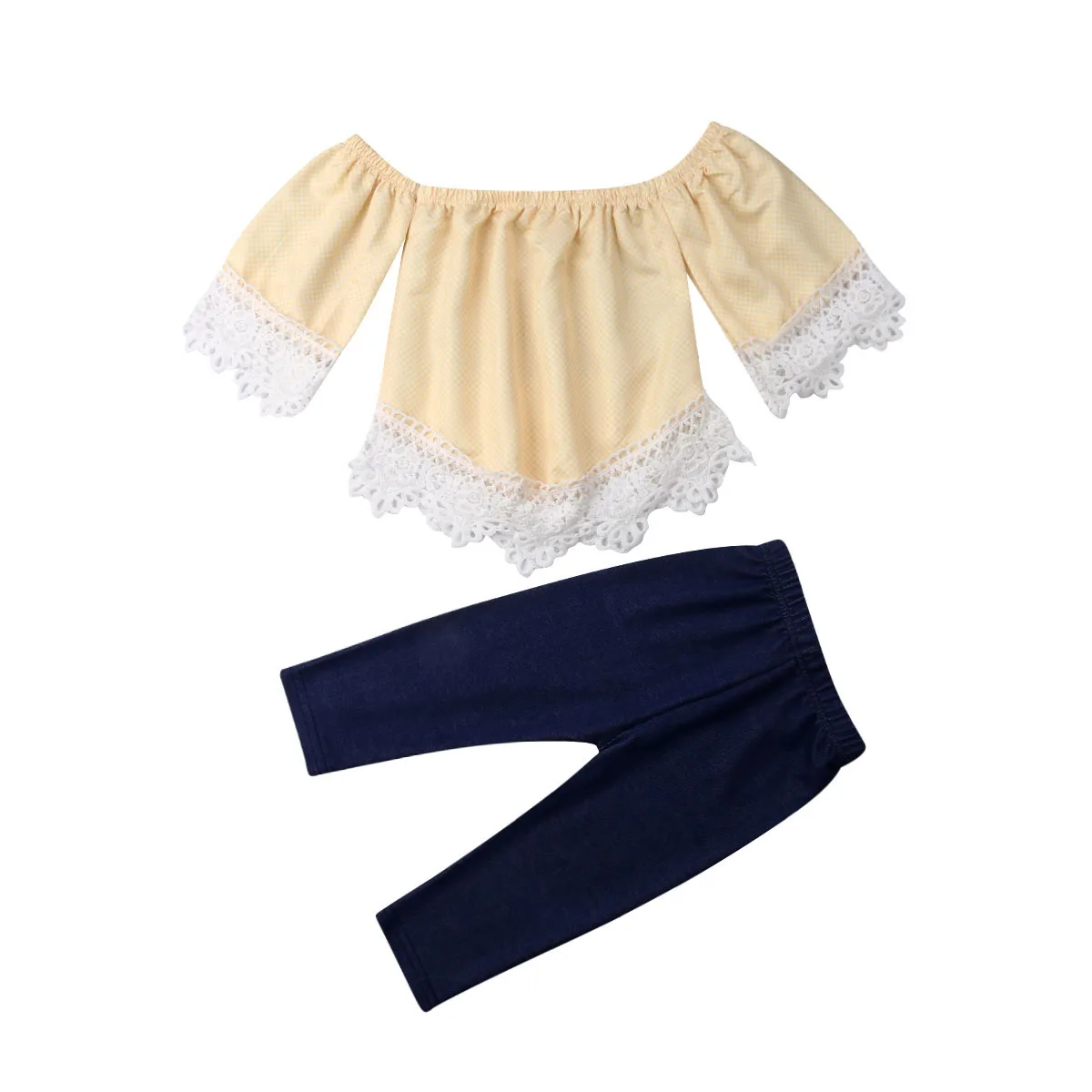 

Cute Toddler Kids Baby Girls Lace Patchwork Short Sleeve Off Shoulder Crop Tops Pants Outfit Clothes Set 2019
