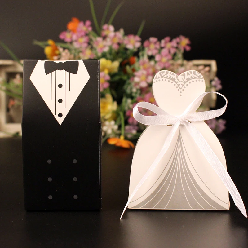 10Pcs Candy Box Bridal Gift Cases Groom Tuxedo Dress Gown Ribbon Wedding Favors Sugar Case Wedding Decoration mariage casamento (5)