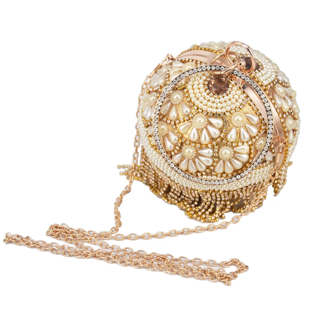 Bowling Design Pearl Clutch Bag circular ring Wristlets Bag Women Party Evening Crystal tassels Ball Female wallet XQ-15