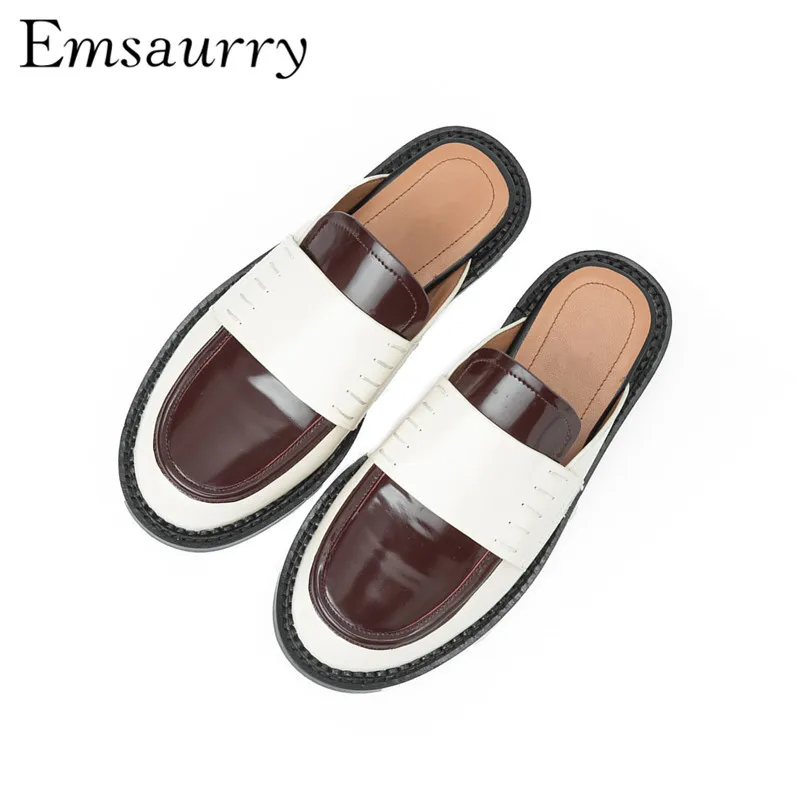 

Lazyman Cover Toe Slippers Women Round Toe White Brown Mixed Color Leather Slim Mules New 2019 Women Shoes