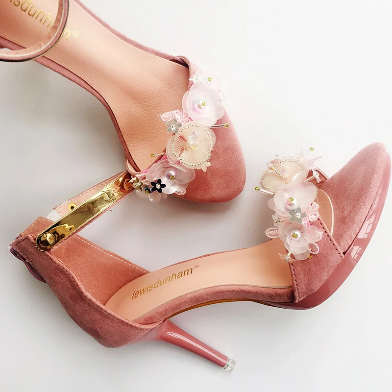 

Women Pink High Heel Sandals with Gold Ankle Strap White Sequin Flowers Perals Pumps for Girls Lady Sweet Elegant Party Outfit