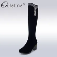 Odetina/Новые модные сапоги до колена, украшенные блестками женские сапоги на не сужающемся книзу массивном каблуке, с боковой молнией, с кристаллами и пуговицами плюшевые зимние сапоги, большой размер 43