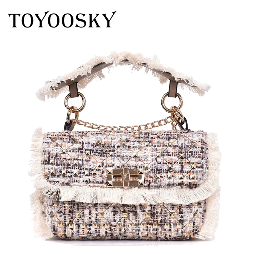 

TOYOOSKY Luxury Handbag 2018 Lattice Wool Women Crossbody Bag Designer Brand Rivet Ladies Shoulder Bag Retro Messenger Bag
