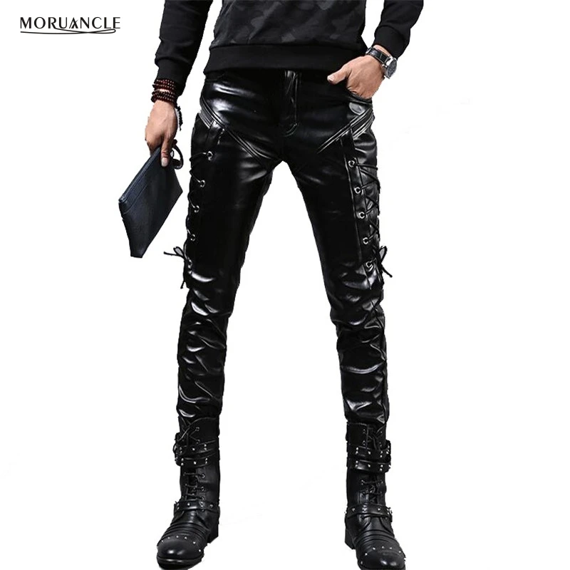 

MORUANCLE New Winter Mens Skinny Biker Leather Pants Fashion Faux Leather Motorcycle Trousers For Male Stage Club Wear