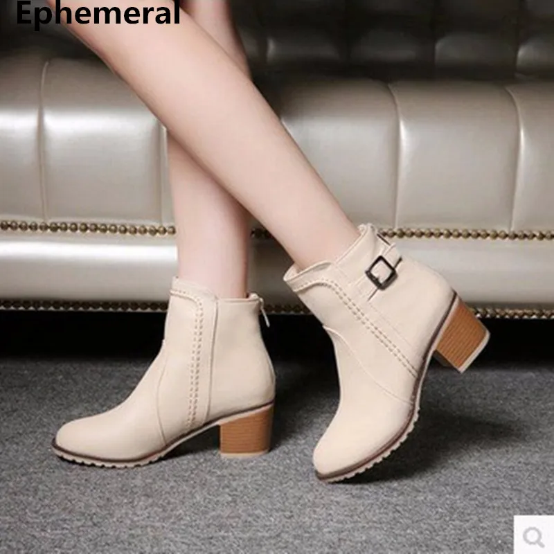 

Ladies Cheap big size(4-12)warm velvet Zip Buckle strap round toe PU Ankle Med Thick high heeled boot winter boots women Bootie