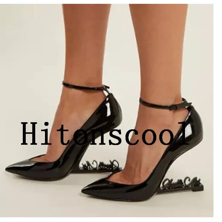 Черные женские туфли-лодочки из лакированной кожи; пикантные женские туфли на высоком каблуке-шпильке с ремешком на щиколотке; вечерние туфли на шпильке для подиума;