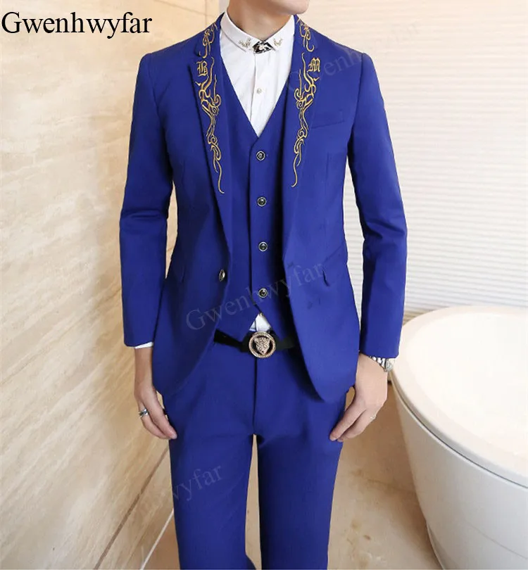 

Gwenhwyfar (Jacket+Pants+Vest) 21th Century Fashion Men's Suit Gold Floral Embroidery Designs Costume Homme Suit Blue Black Red