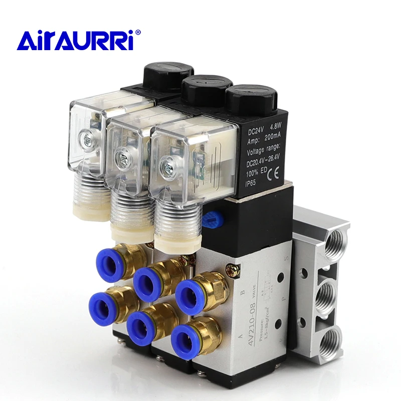 

2 Positions 5 Way Quadruple Solenoid 4V210-08 DC24V Valve Aluminum Base Fitting Mufflers Set 5 Stations