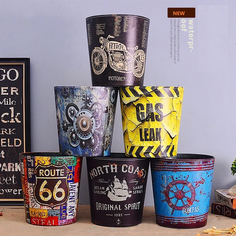 Retro Leather Trash Cans Home Waste Bins Kitchen Living Room Decoration Storage Bucket Ornaments Art Crafts Clean Supplies