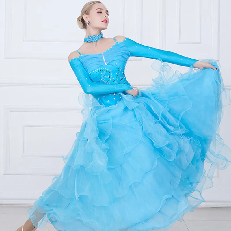 Белое Бальное Платье Китай Вальс платье для танцев Танго танцевальные костюмы фокстрот платье бальное платье для румбы танцевальная одежда для женщин размера плюс - Цвет: Light blue