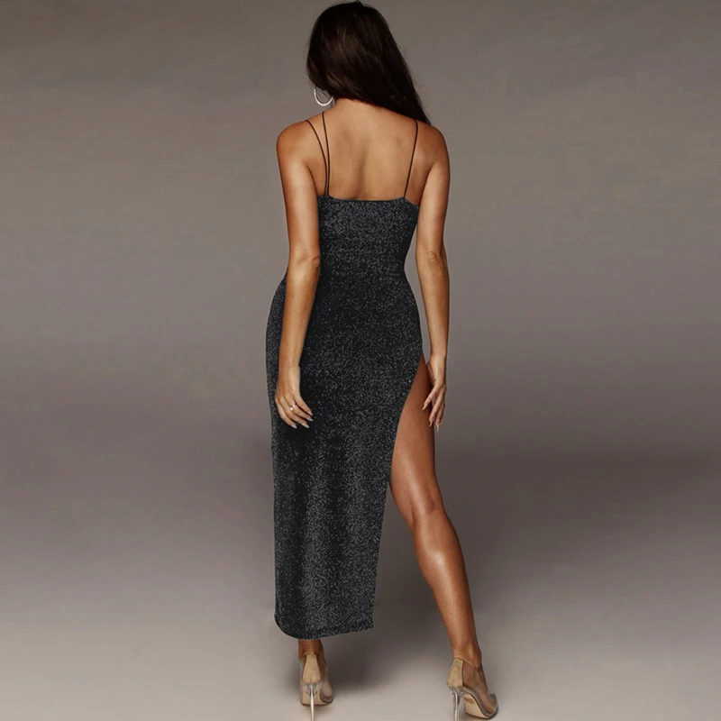 Excellent 2019 Sexy Sleeveless Glitter Sequined Bodycon Long Dress Spaghetti Strap Club Party Dress Solid High Slit Wrap Maxi Women Dress 7