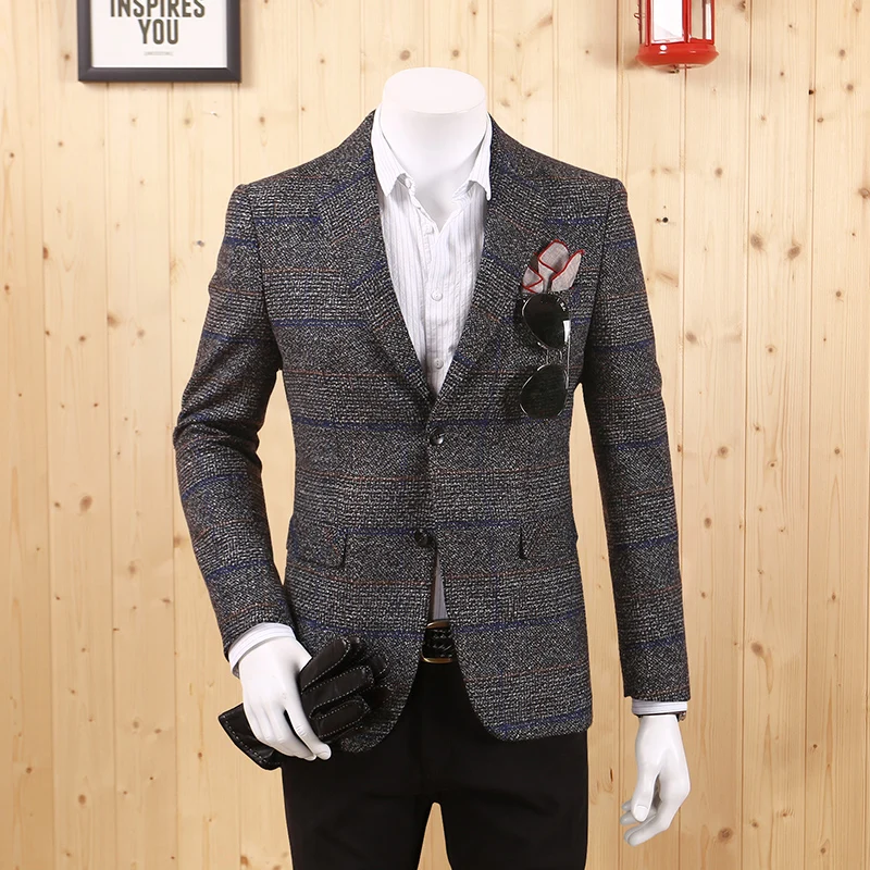 Men Grey Plaid Formal Suit Jacket Single Breasted Slim Young Man Thick
