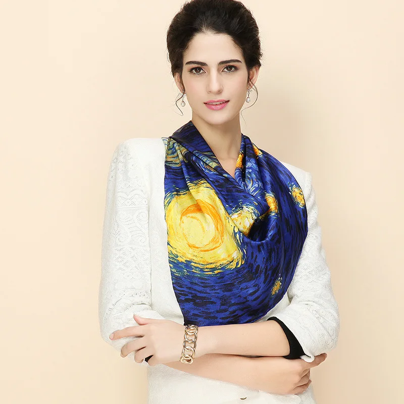 Goedkoop Van Gogh Olieverf 100% Echte Zijde Sjaal 88*88 cm Fashion Vrouwen Sjaal Luxe Merk Designer Grote Vierkante sjaals Vrouwelijke Wraps
