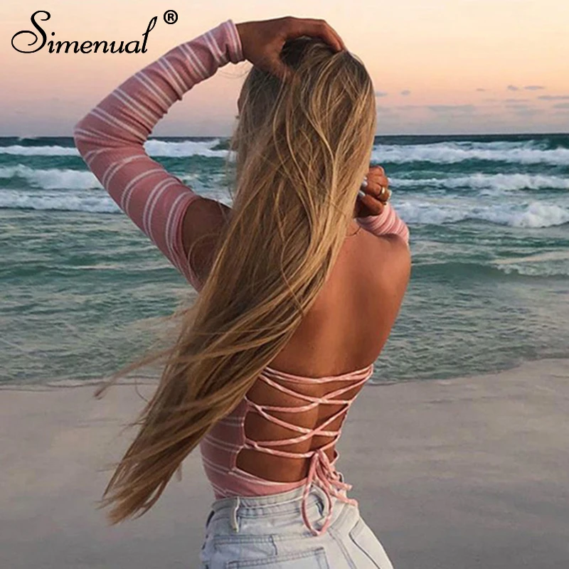 Simenual Backless lace up bodysuit women striped off shoulder bodysuits slim sexy hot long sleeve pink jumpsuits autumn rompers Simenual Backless lace up bodysuit women striped off shoulder bodysuits slim sexy hot long sleeve pink jumpsuits autumn rompers
