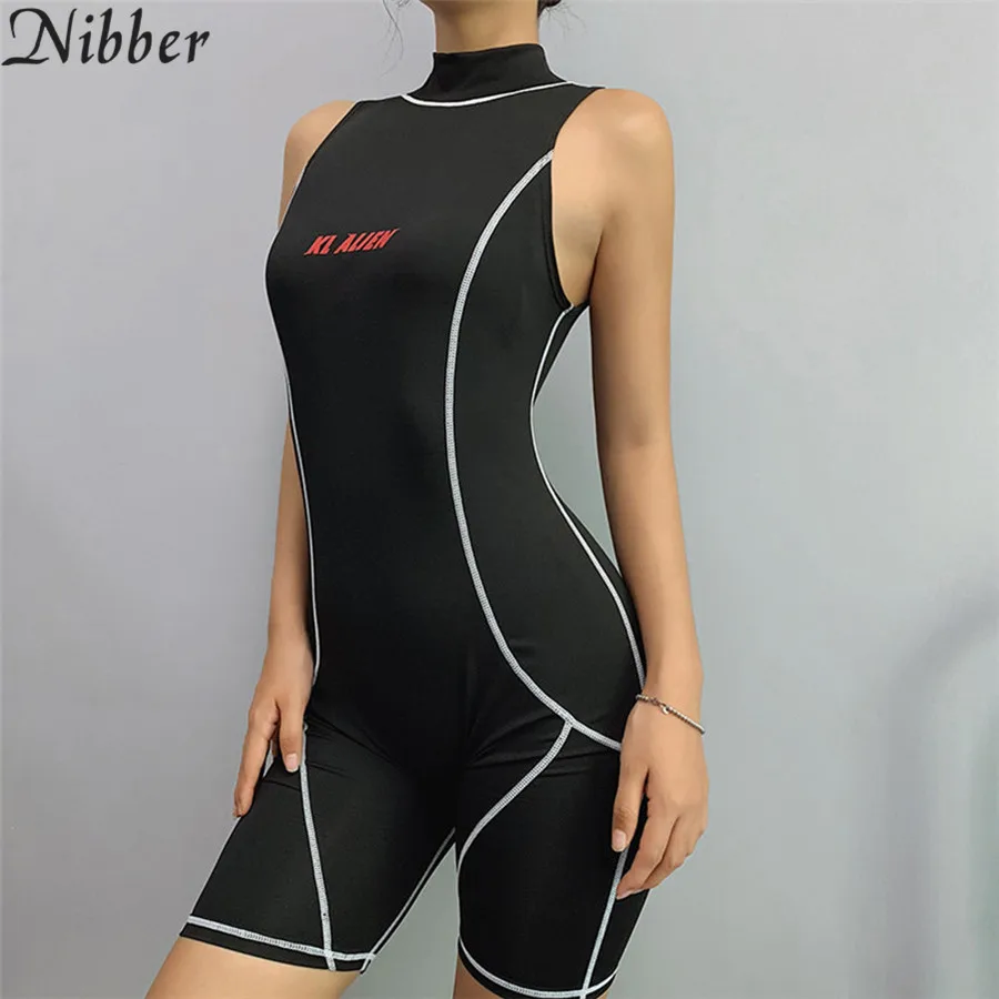 

Nibber summer turtleneck short sleeve fitness playsuit women2019striped patchwork black print skinny casual bodysuit Active Wear
