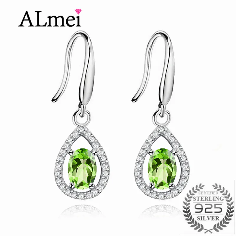 

Almei Pear Cut Natural Peridot Rhinestone 925 Sterling Silver Fine Jewelry Simple Drop Earrings S925 for Women with Box FR027