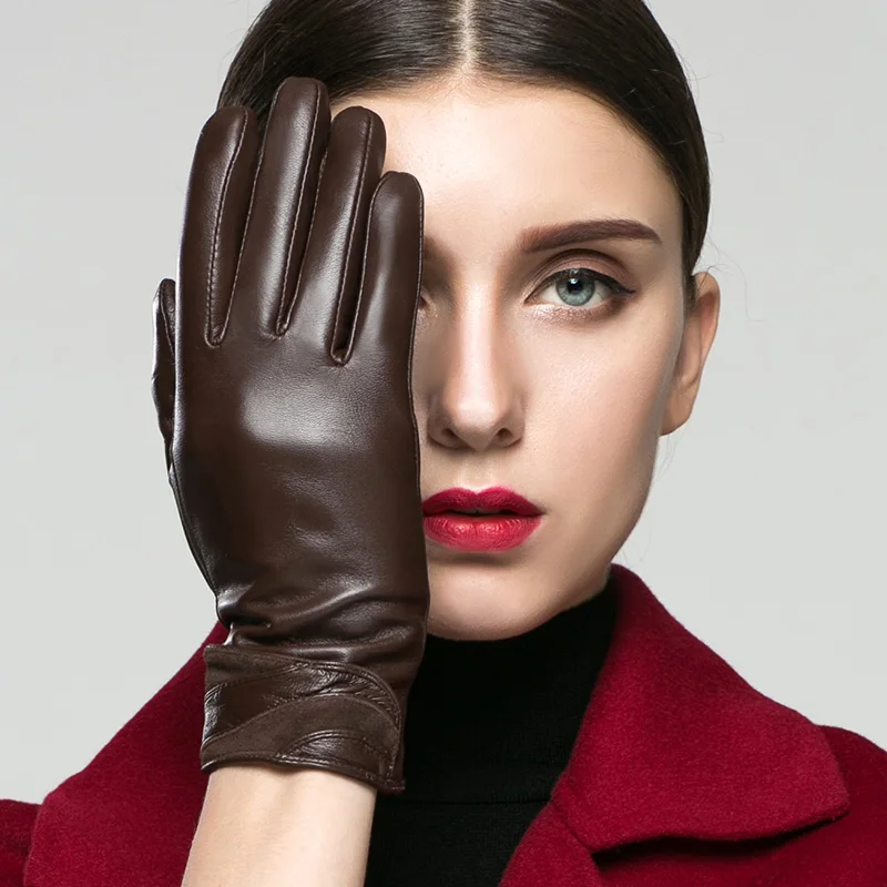 KLSS Brand Genuine Leather Women Gloves Winter Plus Velvet High Quality Goatskin Glove Fashion Elegant Five Fingers 35