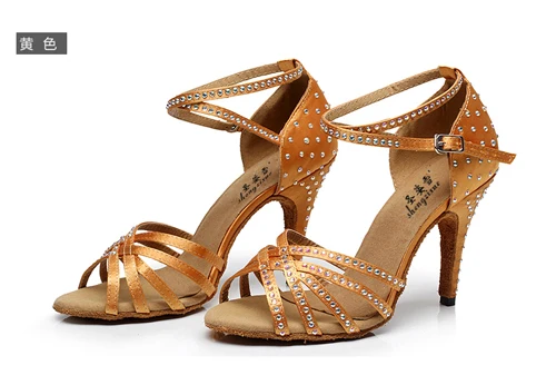 WUXIJIAO/атласная обувь для латинских танцев; женские Стразы; обувь для сальсы; вечерние туфли для бальных танцев; Каблук 5-10 см - Цвет: bronze heel 10cm