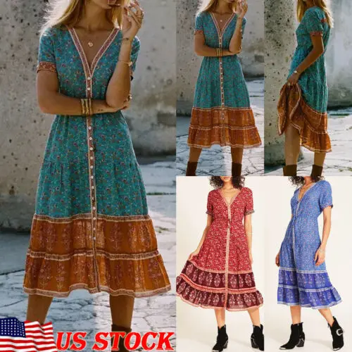 Женское длинное платье с цветочным принтом Boho вечерние платья коротким рукавом и