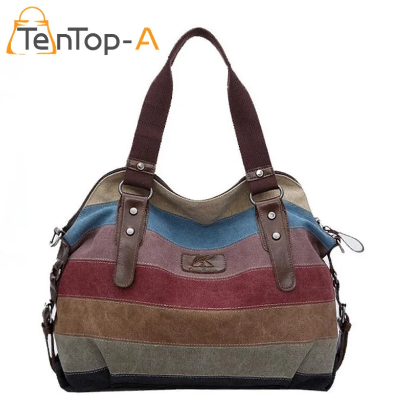 

TenTop-A Rainbow Striped Canvas Shoulder Bag Women Casual Large Capacity Tote Female Fashion Splicing Washed Cloth Beach Handbag