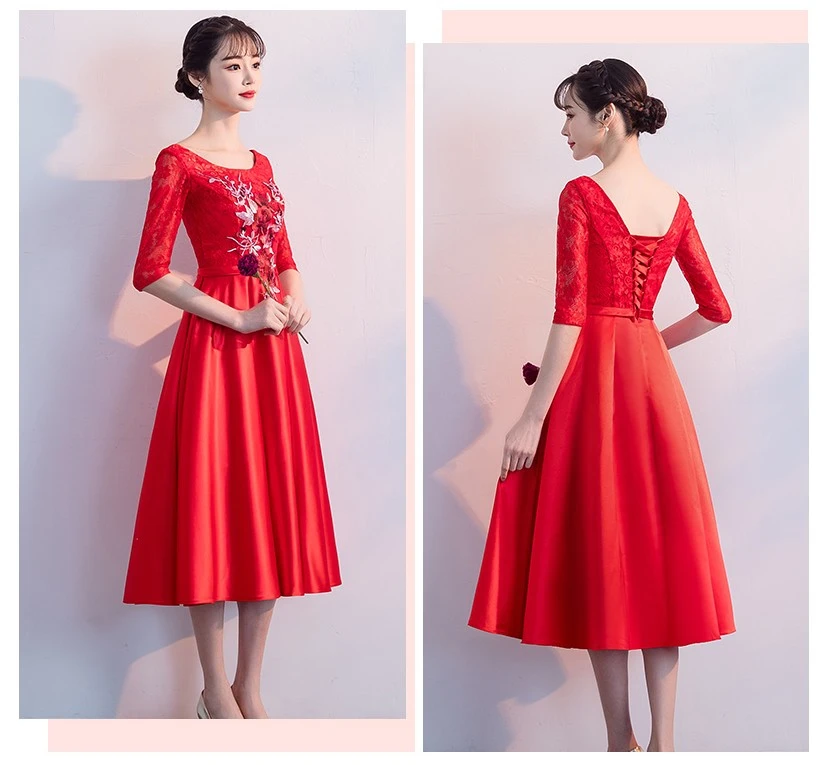 Подружки невесты кружева женские красные короткие женские платья для особых случаев для девочек элегантные чай Длина Половина рукавами