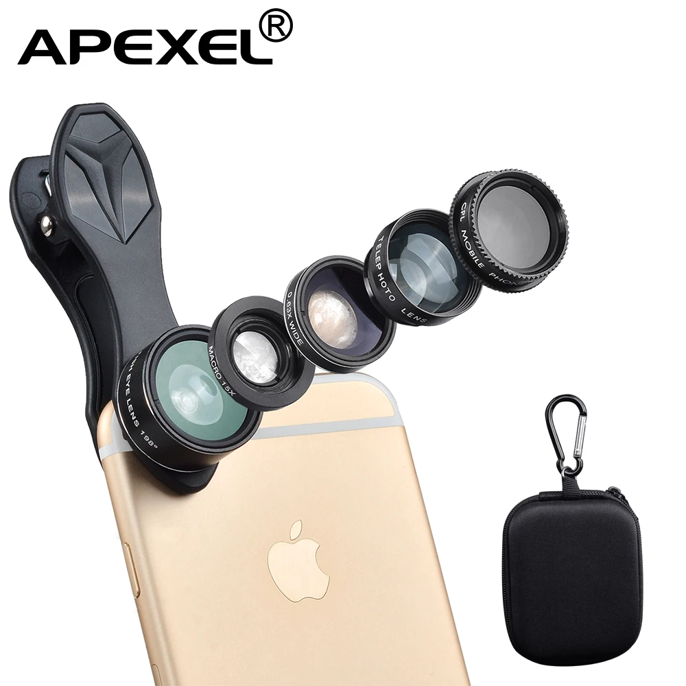 APEXEL 5 in 1 2X Telephoto Lenses Fisheye Wide Angle Macro Lentes CPL Mobile Phone Lens For iPhone 6s 7 8 X Samsung Smartphone