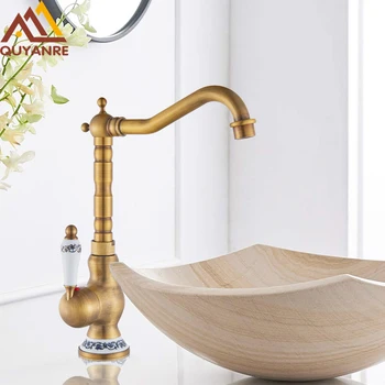 

Quyanre Euro Retro Antique Brass Basin Faucet Porcelain Creamic Single Handle Mixer Tap 360 Rotation Bathroom Faucet torneiras