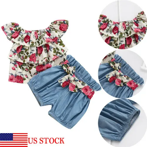 

Pudcoco Fashion Baby Girls 0-24M Clothes Fly Sleeve Floral Patchwork Top Bow Shorts Summer Outfits Sunsuit UK