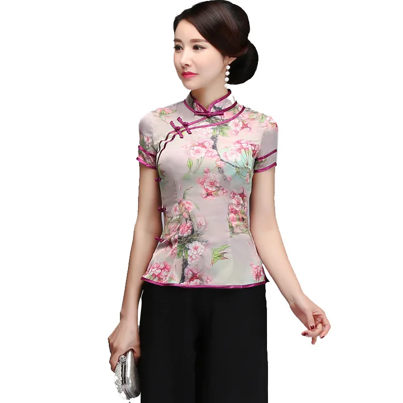 Chinese Traditional Women Mandarin Collar Blouse Elegant Mother Short