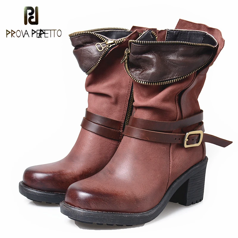 

Prova Perfetto Women Vintage Side Zip Short Boots Strap Buckle Square Toe High Heels Boots Mid-Calf Pleated Casual Shoes