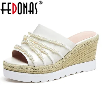 

FEDONAS Classic Peep Toe Platforms Women Sandals 2019 Summer New Fashion Sweet Pearl Decoration Women Wedges Casual Shoes Woman