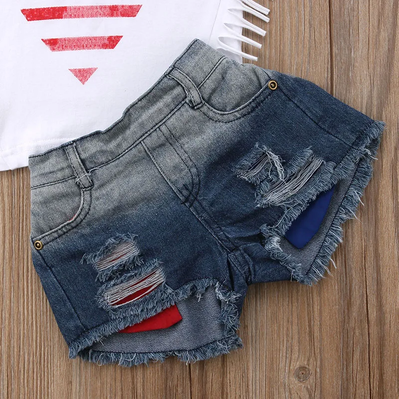 Модный комплект одежды для маленьких девочек, полосатая футболка с кисточками и звездами Топы+ джинсовые шорты рваные джинсы, детская одежда из 2 предметов