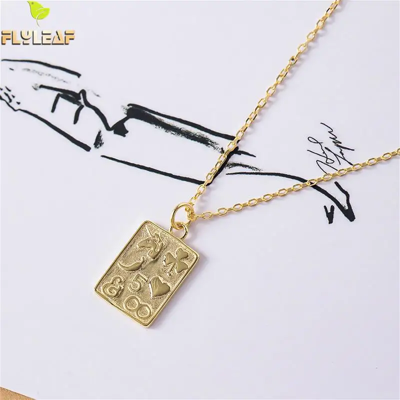 

Flyleaf 18k Gold Pattern Square Card Real 925 Sterling Silver Necklace Women Fashion Fine Jewelry Simple Necklaces & Pendants