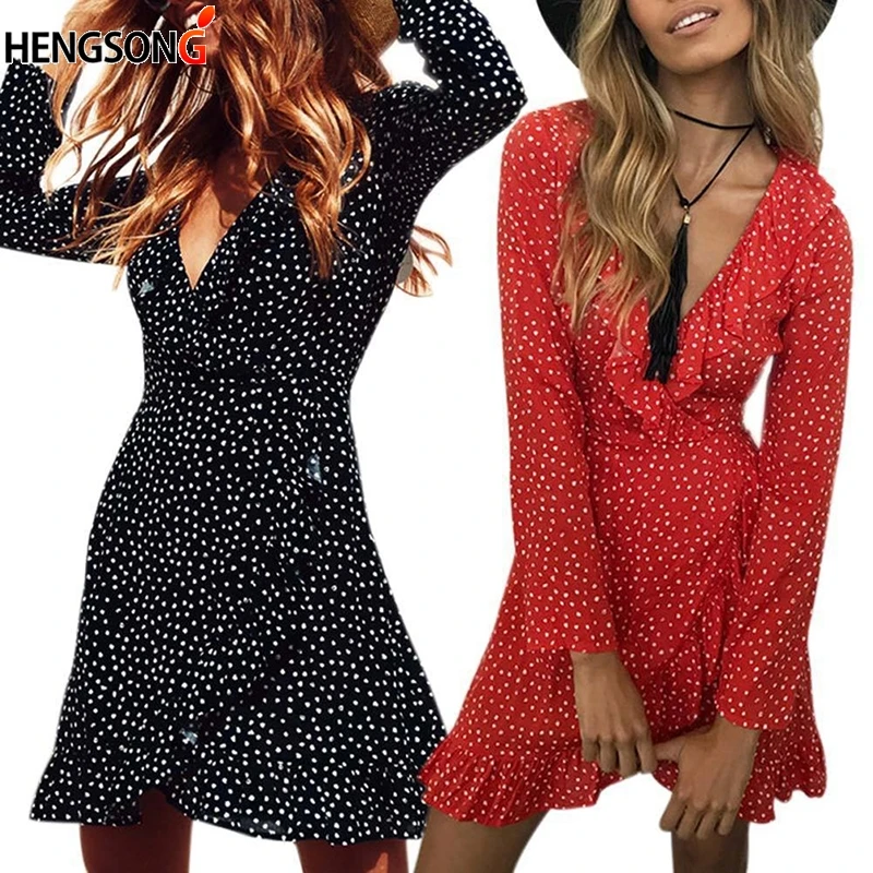 

Women Chiffon Black Dress Beach Dresses 2019 Ruffle Polkadot Print Summer Dress Vintage Irregular Bow Wrap Short Dress