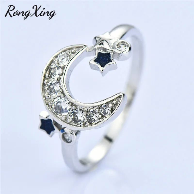 RongXing Cute Moon Stars Ring 925 Sterling Silver Rings for Women
