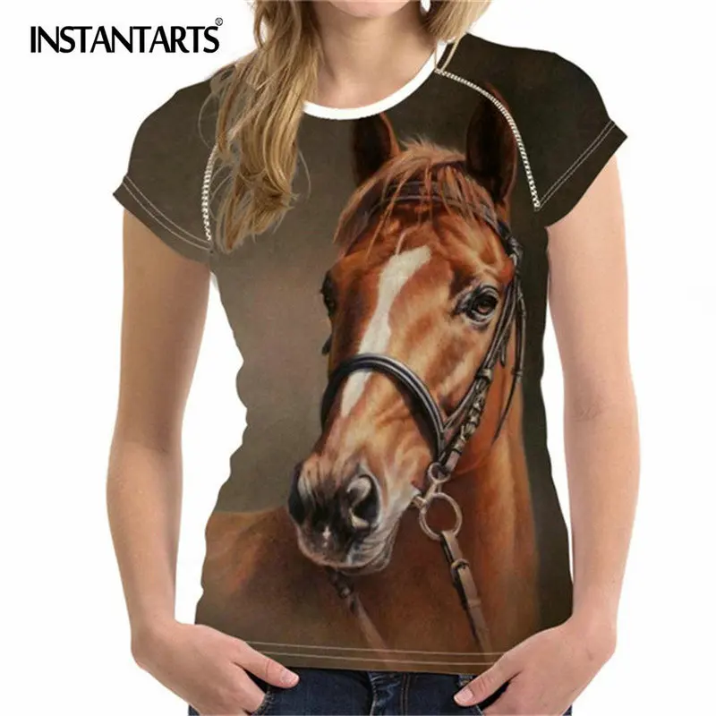 

INSTANTARTS Fashion Summer Female Casual Tshirt Breathable Horse Print Short Sleeve Tee Shirt Girls Brand O-neck Women T-Shirts