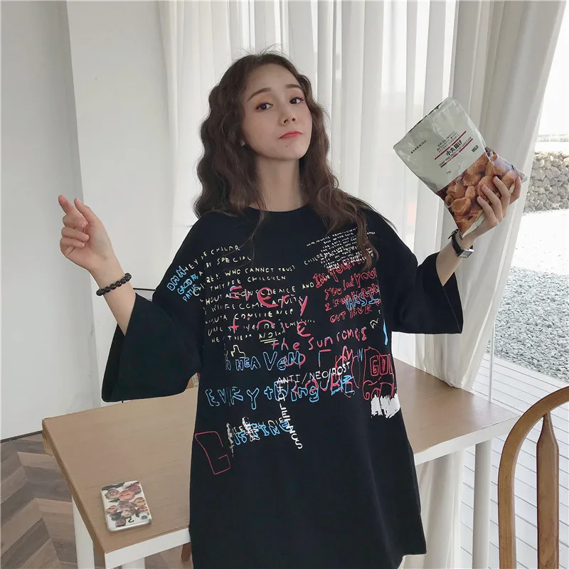 

BF 2019 hot sale hip hop hlaf-sleeves long graffiti tshirt for women streetwear trendy tshirts girls tshirt size M to XXL