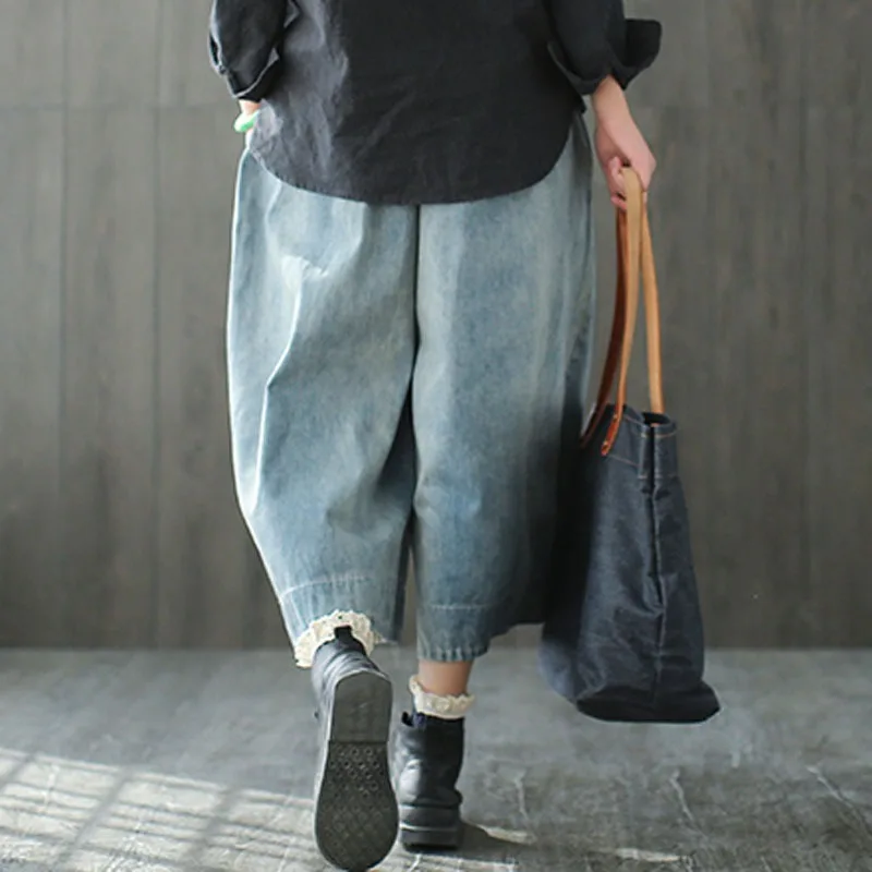 Mferlier Mori Girl Summer High Waist Jeans Lace Up Elastic Waist Bleached Retro Embroidery Wide Leg Women Jeans