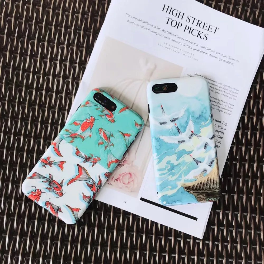

For iphone XS MAX XR 8 7 plus 6s 6 plus X case cover fashion relief painted Red-crowned crane fish glossy soft silicon phone bag