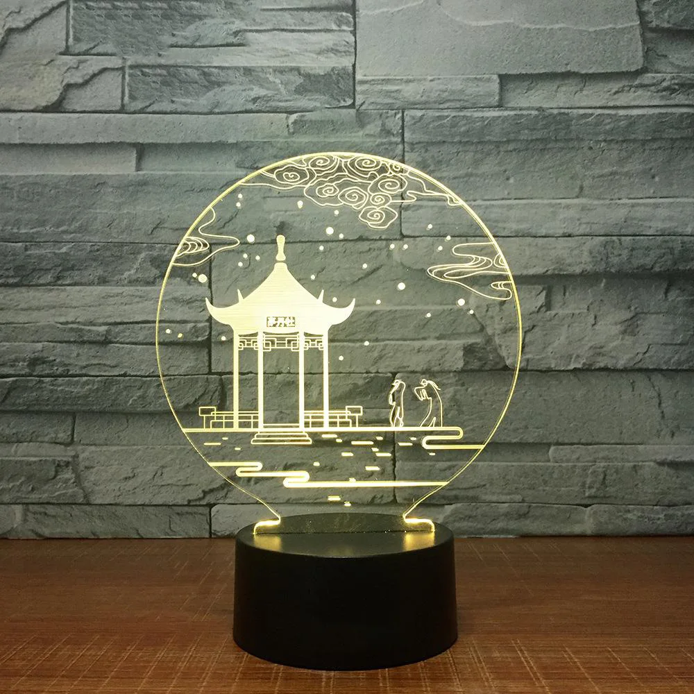 

3D LED 7 Color USB Night Light For Kids Touch Usb Chinese Garden Pavilion Table Lamp As Baby Sleeping Decoration Nightlight Gift