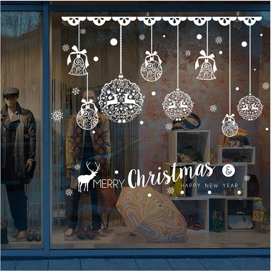 Новогоднее стекло для окна, Рождественское украшение для окна магазина, съемные наклейки, рождественские колокольчики, олени для рождества, домашняя наклейка