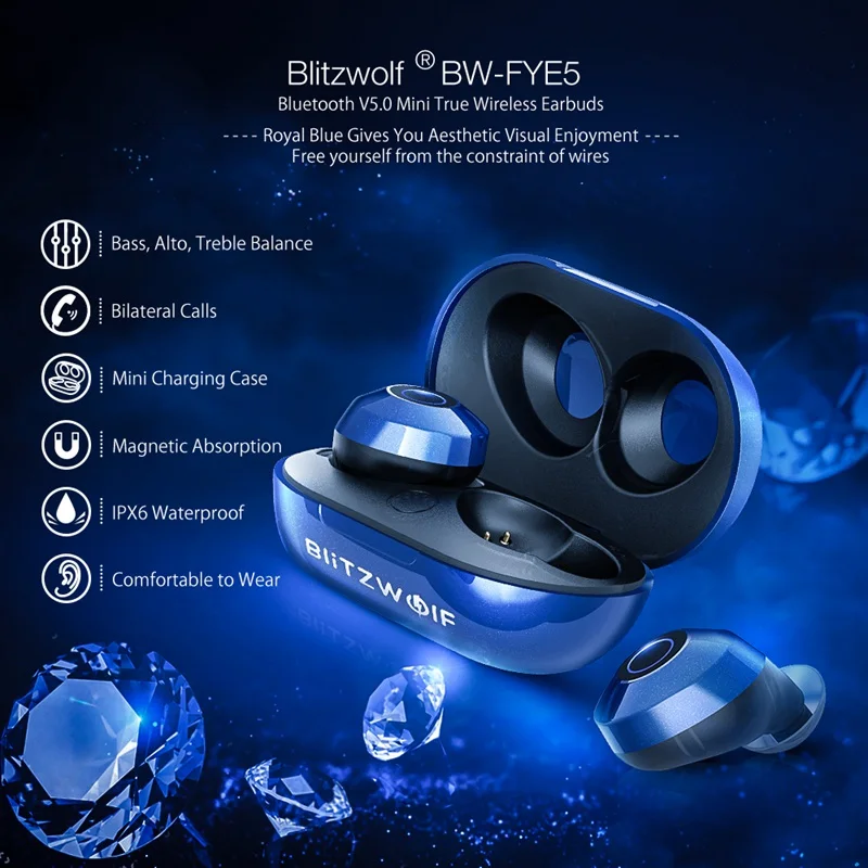 Наушники беспроводные Blitzwolf BW FYE5 стереогарнитура TWS влагозащита IPX6 Bluetooth 5.0