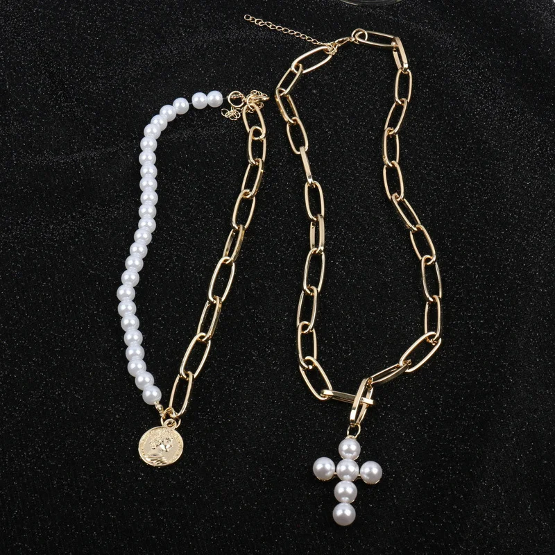 

Luxury Imitation Pearls Choker Necklace Coin jesus cross pendant necklace for Women Gold Color Fashion Jewelry