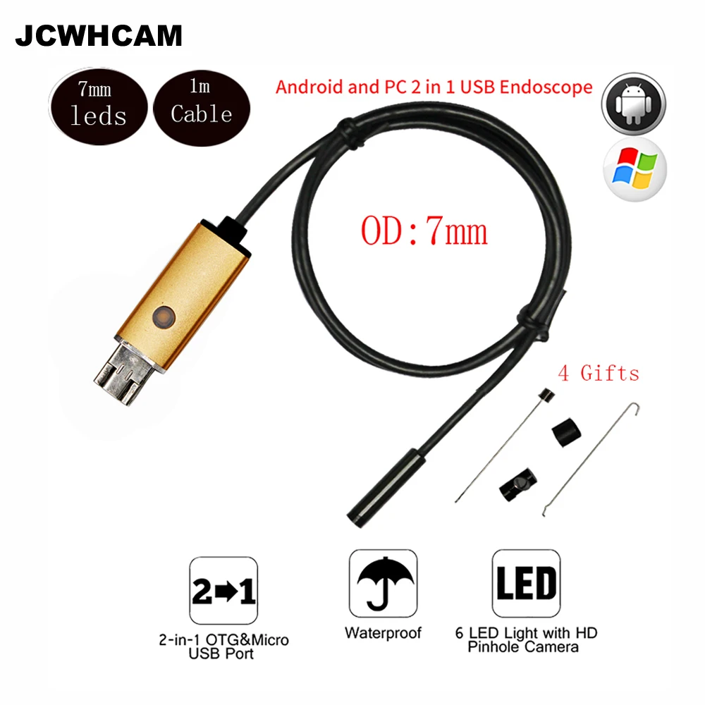 JCWHCAM 7 미리 메터 HD 안드로이드 USB 내시경 2 메터 1 메터 케이블 6 LEDs 검사 OTG 내시경 내시경 방수 미니 카메라 안드로이드 PC