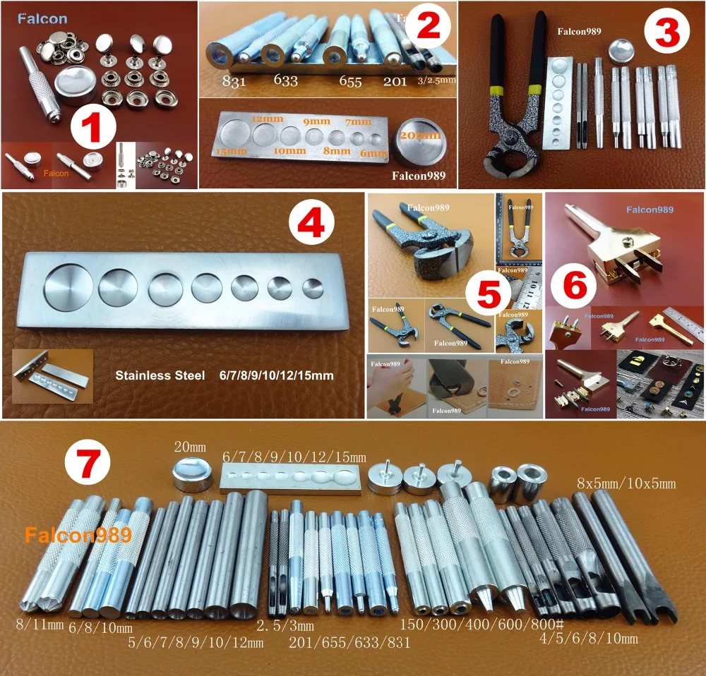 

7kinds Leather Craft Snap Fasteners Press Studs Rivet Button Install Punch Pliers Tool Set Sewing Stitch Edging Creasing Cutter
