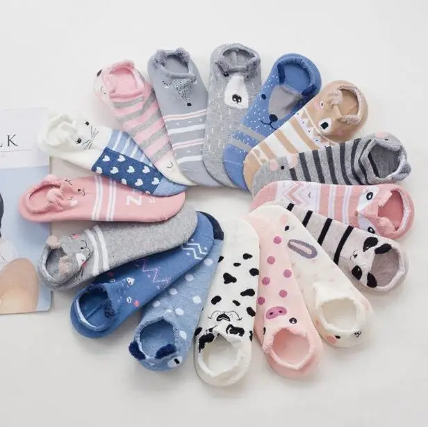 5 пар, женские хлопковые носки, стереоскопические милые животные, женские Kawaii Cat с собакой, летние короткие носки, женские повседневные Мягкие забавные носки