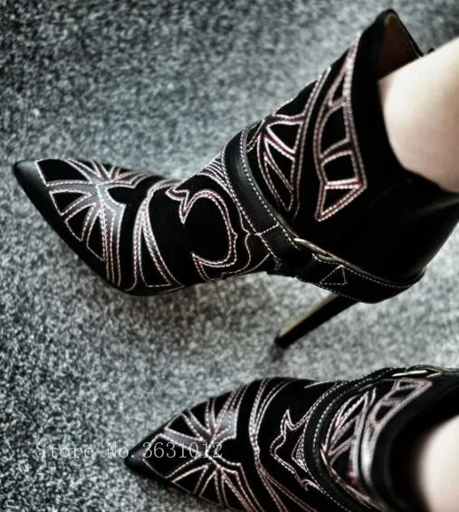 Pic Femmes Boucles As Bottines Courtes as Sexy Talons Mince Bottes Cheville Rouge D'hiver Chaude Daim Floral Pic En Brodent Hauts Cowboy Patchwork 2019 Chaussures dBrCeoxW