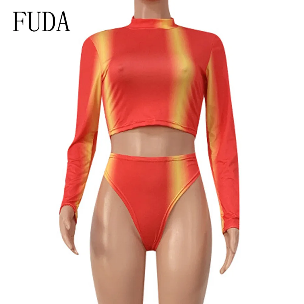 FUDA 2 Pcs Set Women Bikini Swimsuit Long Sleeve Sun Protection Bathing Suit Print Striped High Waist Spa Swimsuit Surfing Wear FUDA 2 Pcs Set Women Bikini Swimsuit Long Sleeve Sun Protection Bathing Suit Print Striped High Waist Spa Swimsuit Surfing Wear