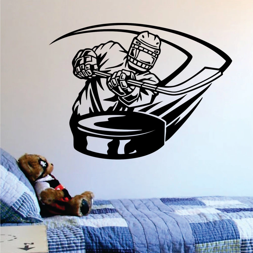 Hockey Player Hitting Puck Wall Decal Sports Wall Stickers For Kids