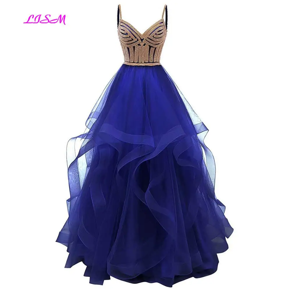 Tulle Crystal Beaded Long Prom Dresses Tiered Formal Evening Dress Spaghetti Straps Sweetheart Ball Gown Princess Party Gowns Prom Dresses Prom Dresses